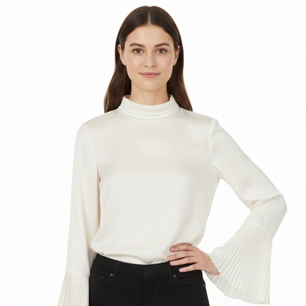 ME+EM Pleat Sleeve Blouse Ivory Satin Poly High Neck w/Pearl Buttons Size US 12